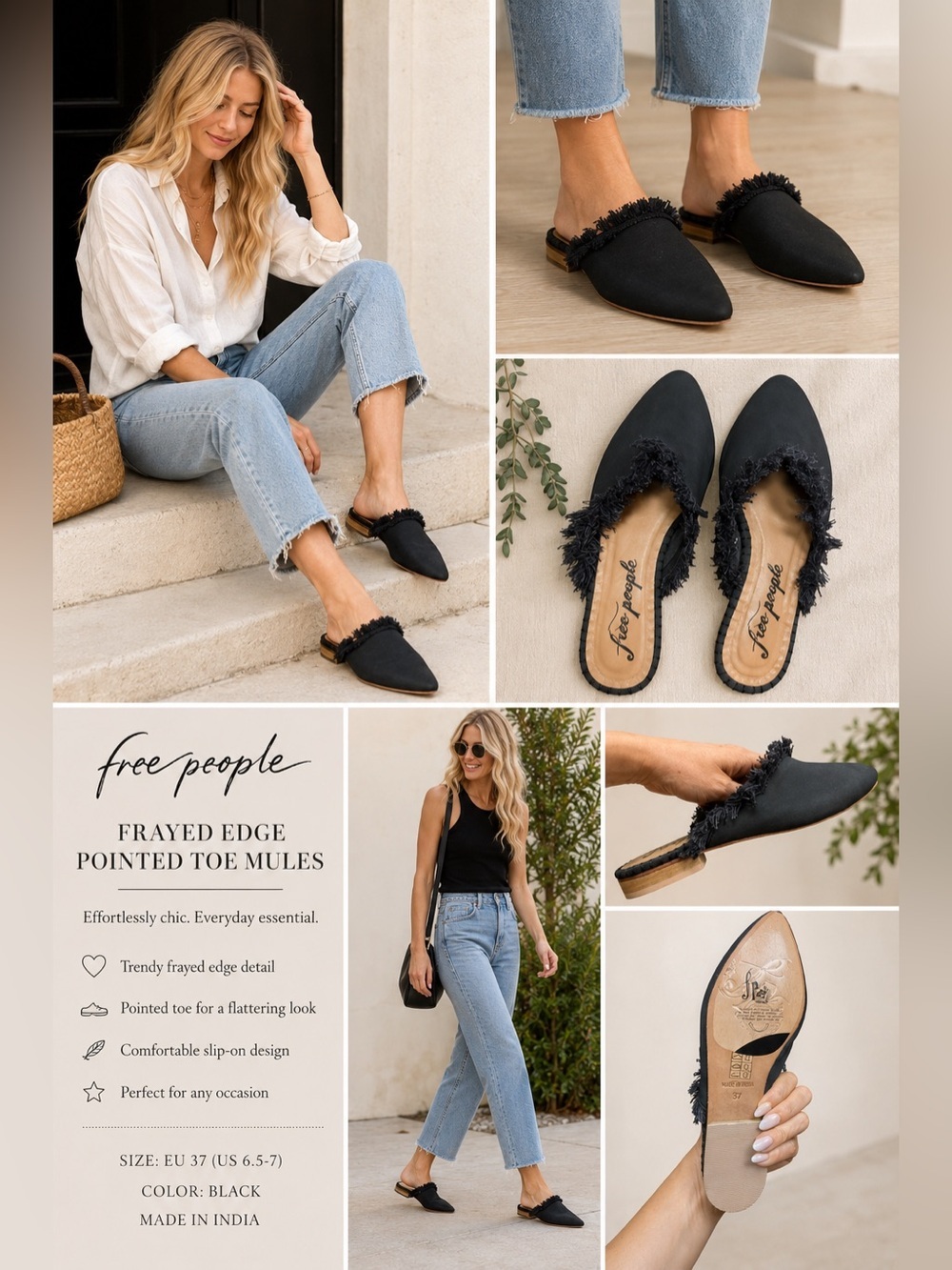 Free People Black Frayed-Edge Pointed Toe Mules